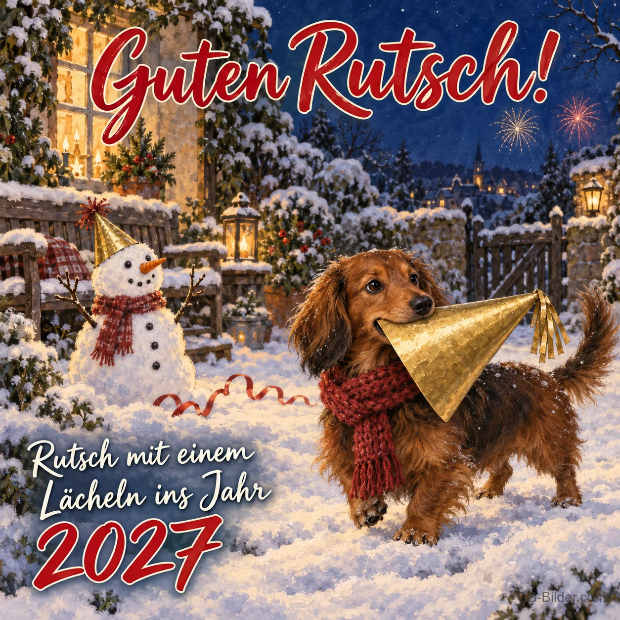 Dackel mit Partyhut im verschneiten Garten, Text: Guten Rutsch! Rutsch mit einem Lächeln ins Jahr 2027