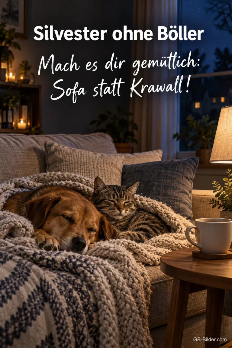 Hund und Katze schlafen auf dem Sofa, Text: Silvester ohne Böller – Sofa statt Krawall!