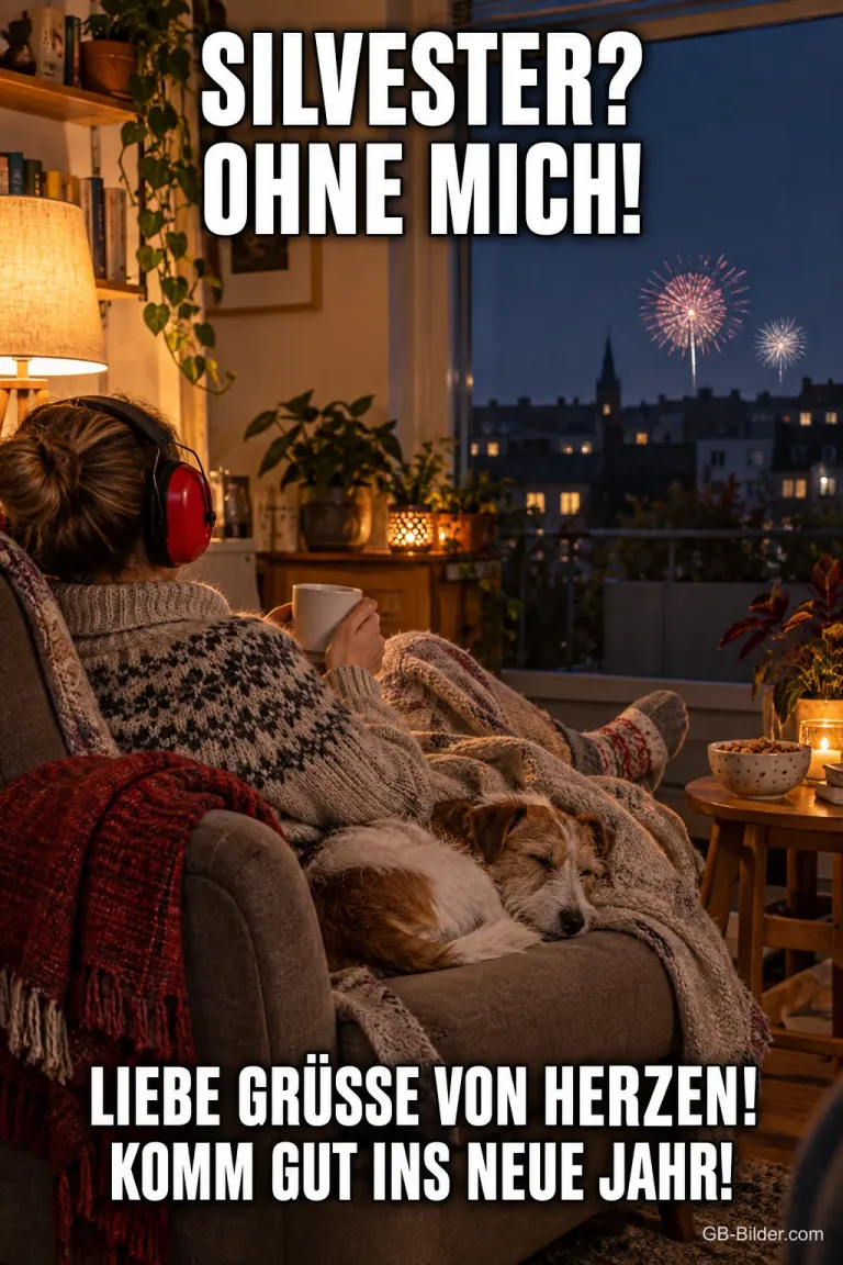Person mit Gehörschutz im Sessel an Silvester, Text: Silvester? Ohne mich! Komm gut ins neue Jahr!