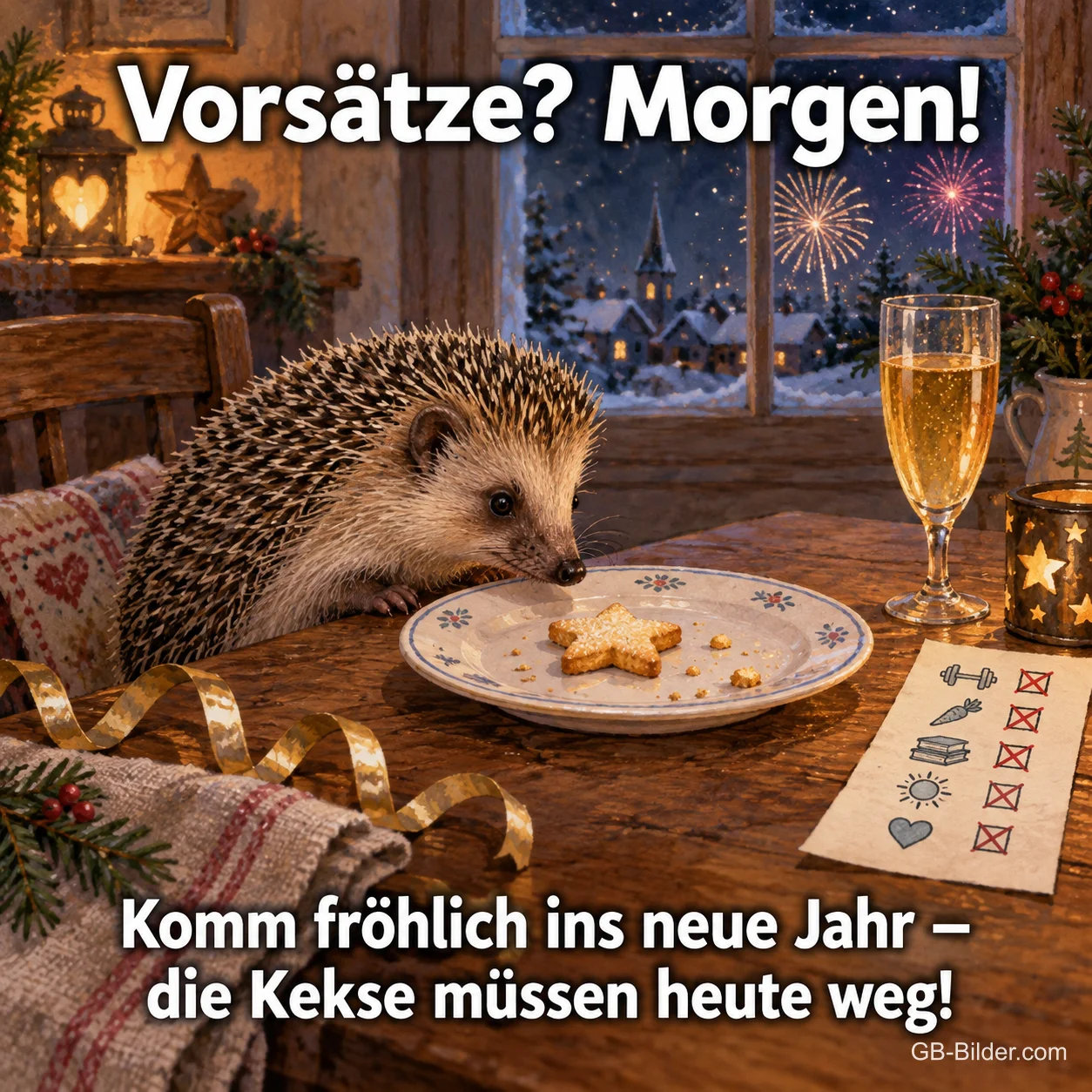 Igel nascht ein Plätzchen neben einer Vorsatzliste, Text: Vorsätze? Morgen! Die Kekse müssen heute weg!