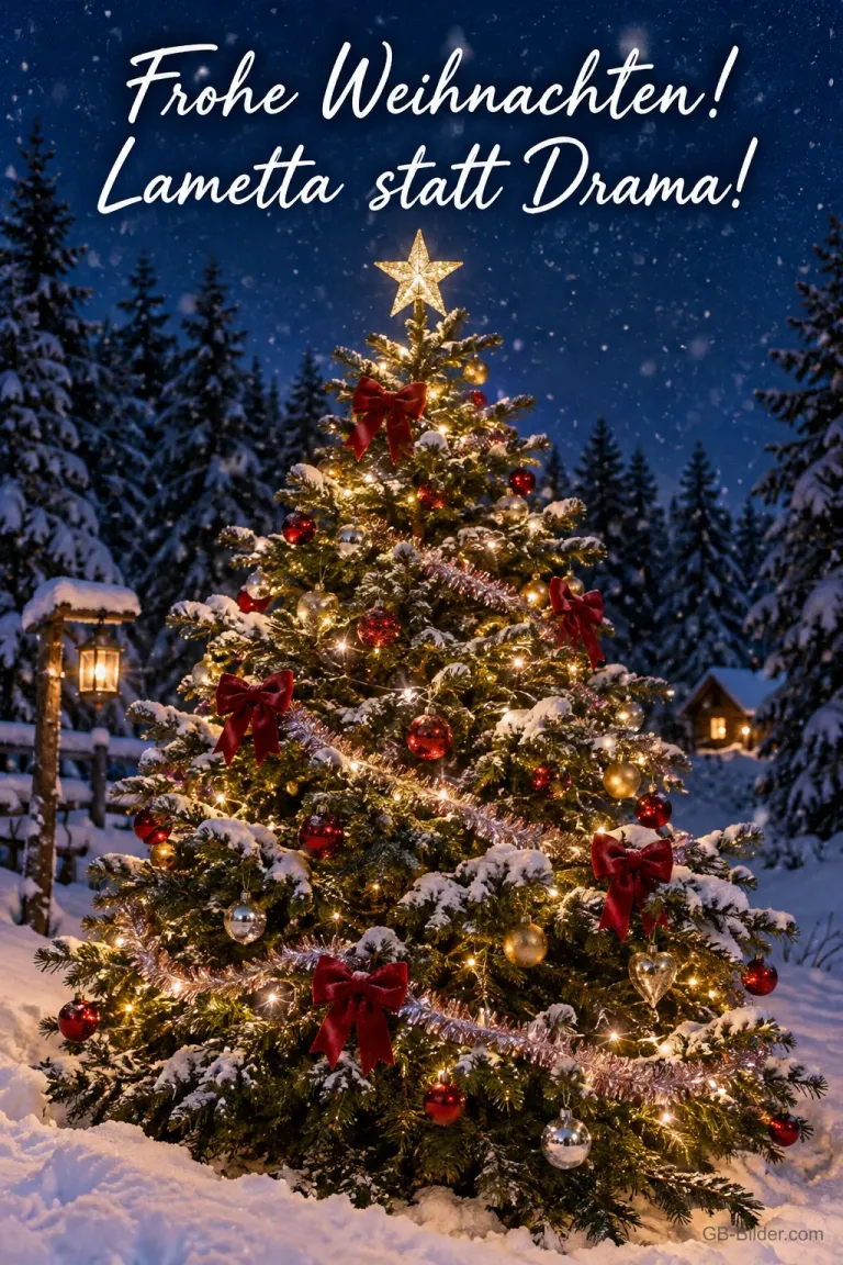 Geschmückter Tannenbaum im verschneiten Wald, Text: Frohe Weihnachten! – Lametta statt Drama!