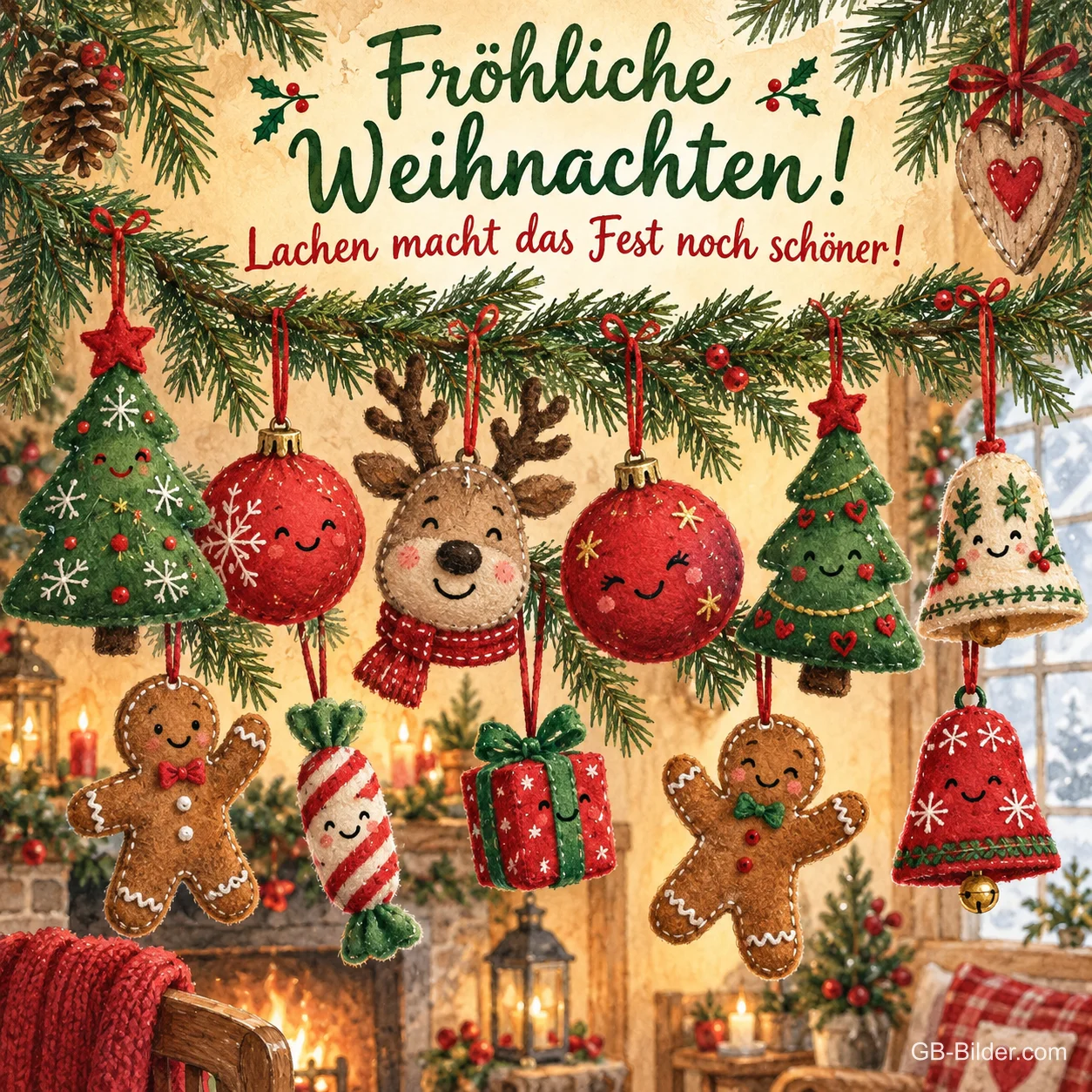 Lachende Weihnachtsanhänger an einer Tannengirlande, Text: Fröhliche Weihnachten! – Lachen macht das Fest noch schöner!