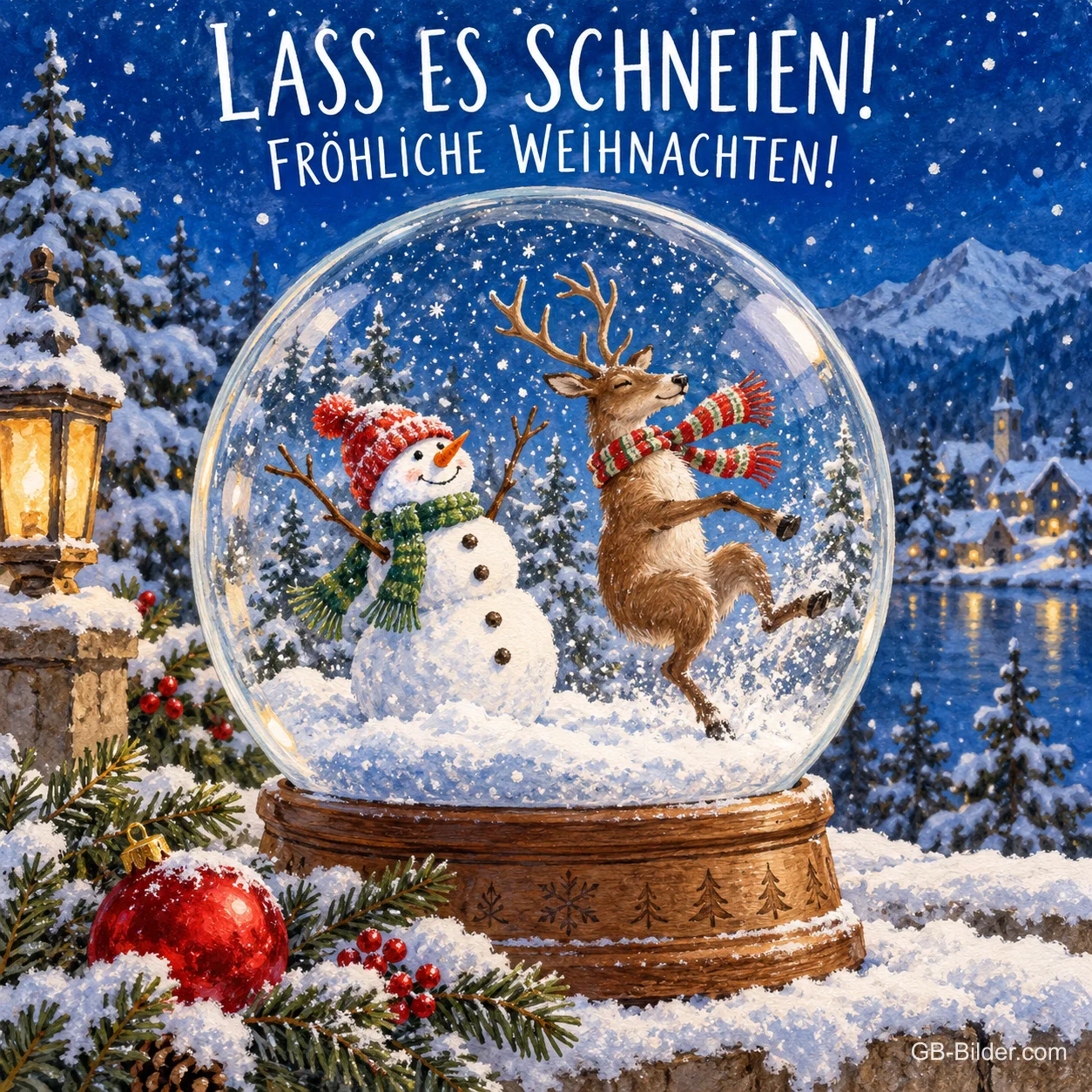 Schneemann und Rentier tanzen in einer Schneekugel, Text: LASS ES SCHNEIEN! – FRÖHLICHE WEIHNACHTEN!