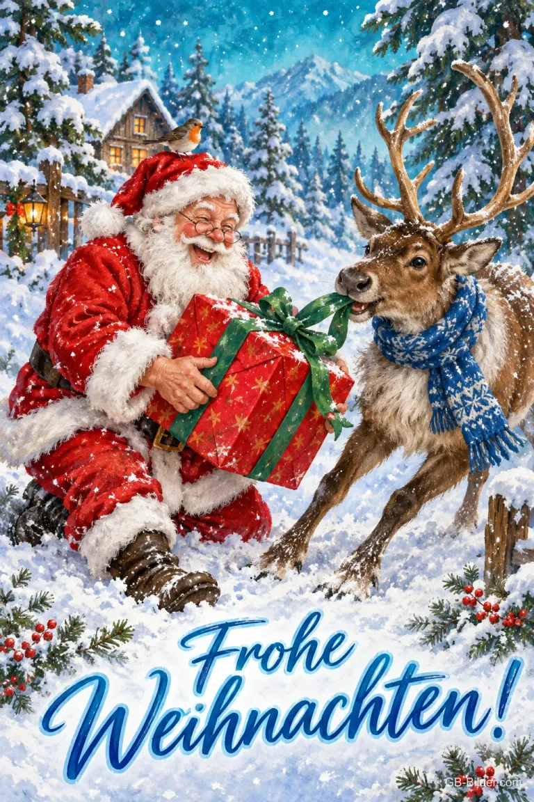 Lachender Weihnachtsmann reicht einem Rentier mit Schal ein Geschenk, Text: Frohe Weihnachten!