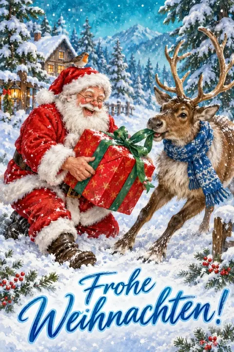 Lachender Weihnachtsmann reicht einem Rentier mit Schal ein Geschenk, Text: Frohe Weihnachten! Lachender Weihnachtsmann reicht einem Rentier mit Schal ein Geschenk, Text: Frohe Weihnachten!