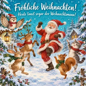Weihnachtsmann tanzt mit Hase, Reh, Eichhörnchen, Katze und Eule im Schnee, Text: Fröhliche Weihnachten! – Heute tanzt sogar der Weihnachtsmann!