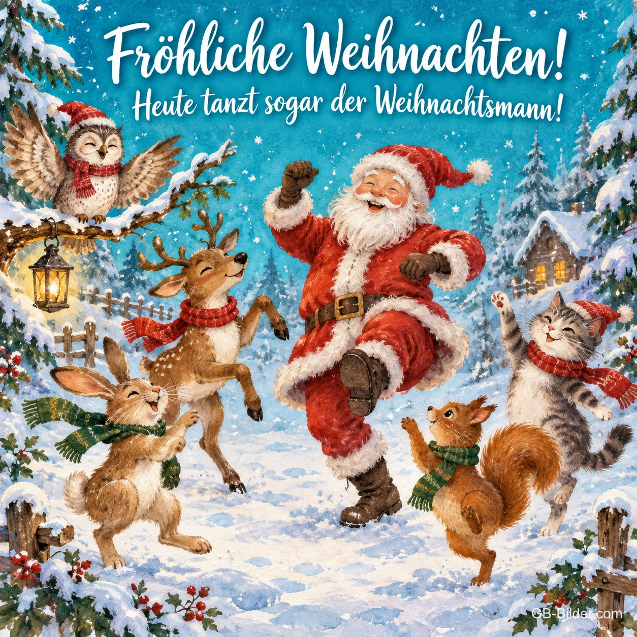 Weihnachtsmann tanzt mit Hase, Reh, Eichhörnchen, Katze und Eule im Schnee, Text: Fröhliche Weihnachten! – Heute tanzt sogar der Weihnachtsmann!