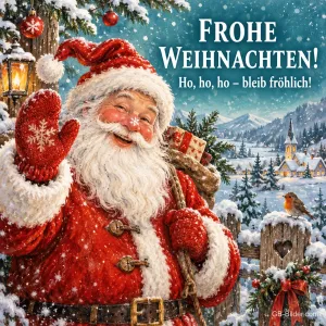 Weihnachtsmann mit Geschenksack winkt im verschneiten Dorf, Text: FROHE WEIHNACHTEN! – Ho, ho, ho – bleib fröhlich!
