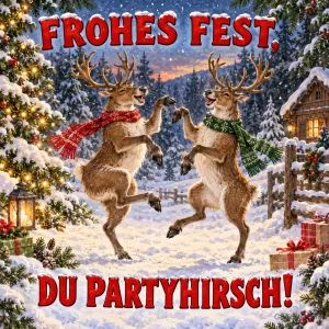 Zwei Rentiere mit Schals tanzen im Schnee, Text: FROHES FEST, – DU PARTYHIRSCH!