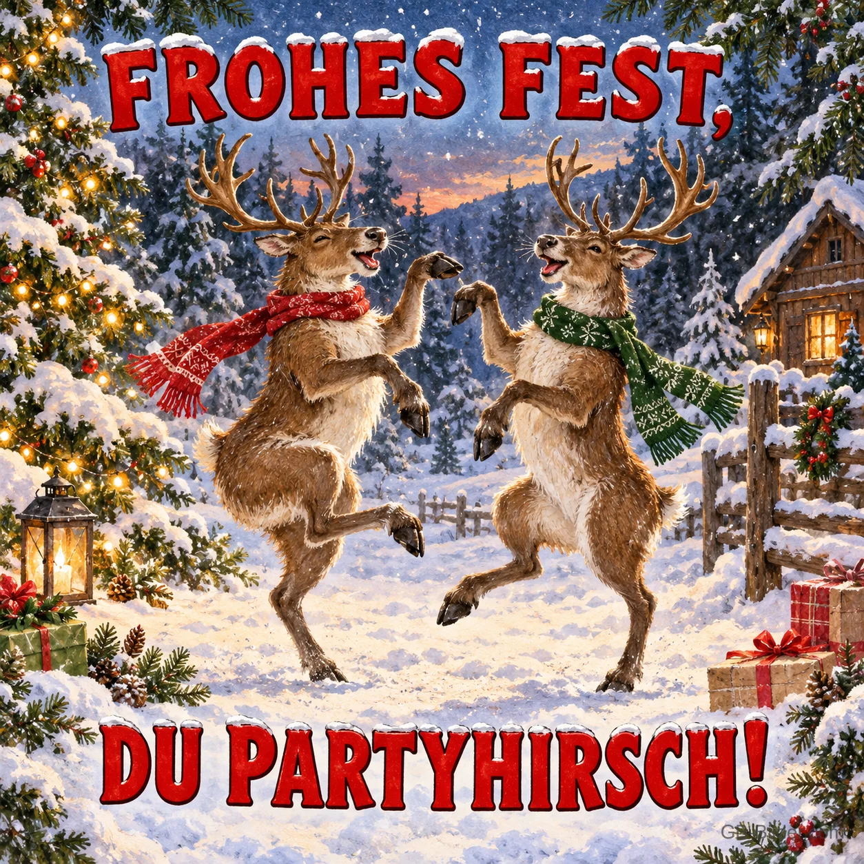 Zwei Rentiere mit Schals tanzen im Schnee, Text: FROHES FEST, – DU PARTYHIRSCH!