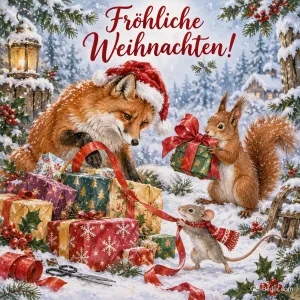Fuchs mit Mütze, Eichhörnchen und Maus packen Geschenke im Schnee aus, Text: Fröhliche Weihnachten!