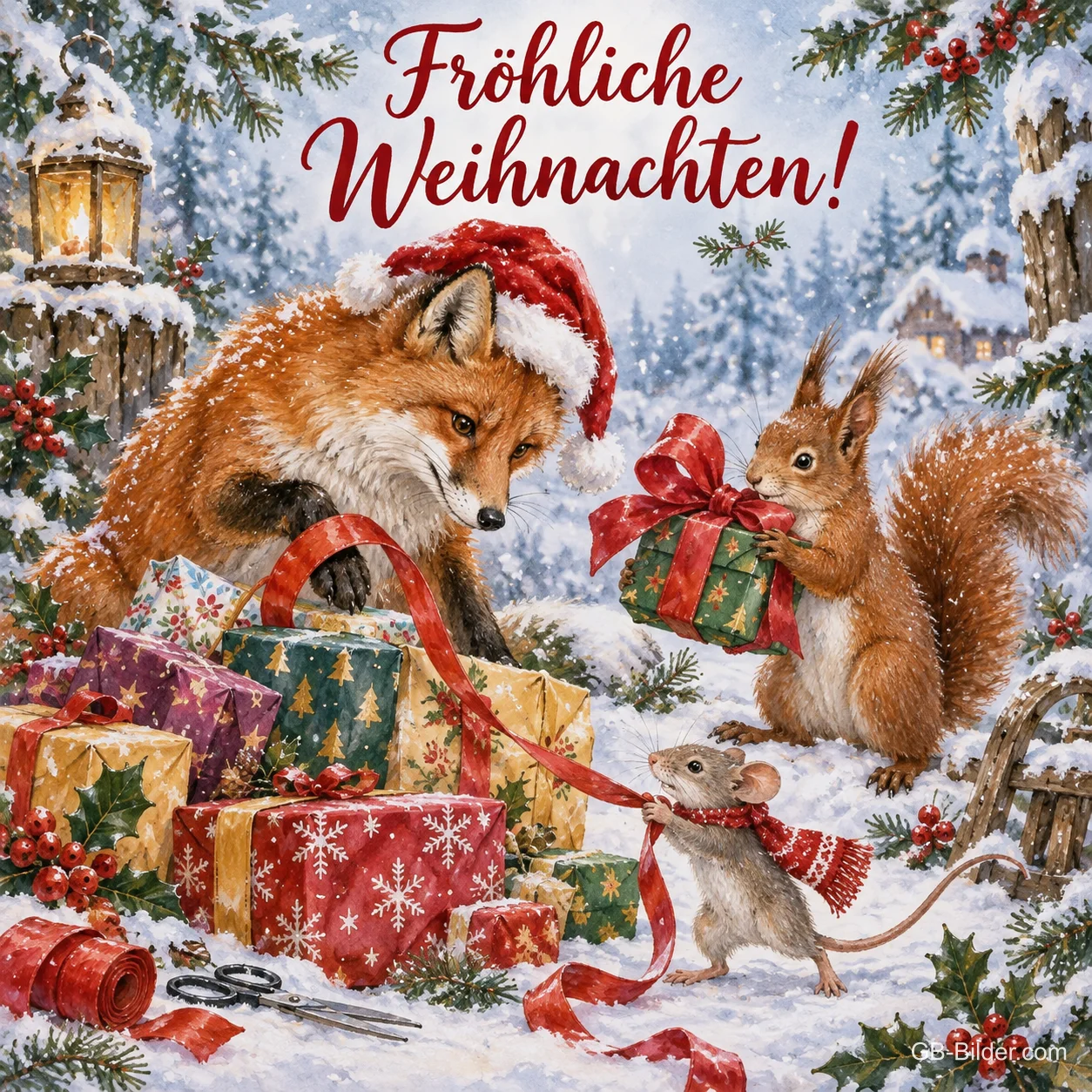 Fuchs mit Mütze, Eichhörnchen und Maus packen Geschenke im Schnee aus, Text: Fröhliche Weihnachten!