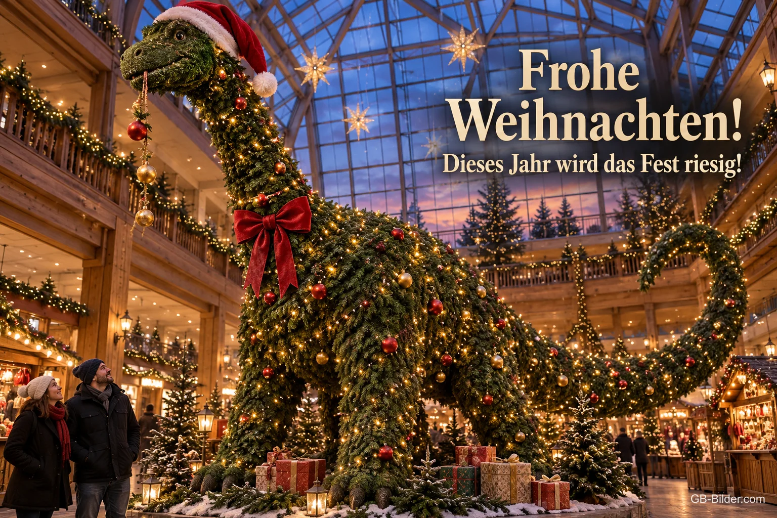 Großer Dinosaurier aus Tannenzweigen mit Lichtern in einer Einkaufspassage, Text: Frohe Weihnachten! – Dieses Jahr wird das Fest riesig!