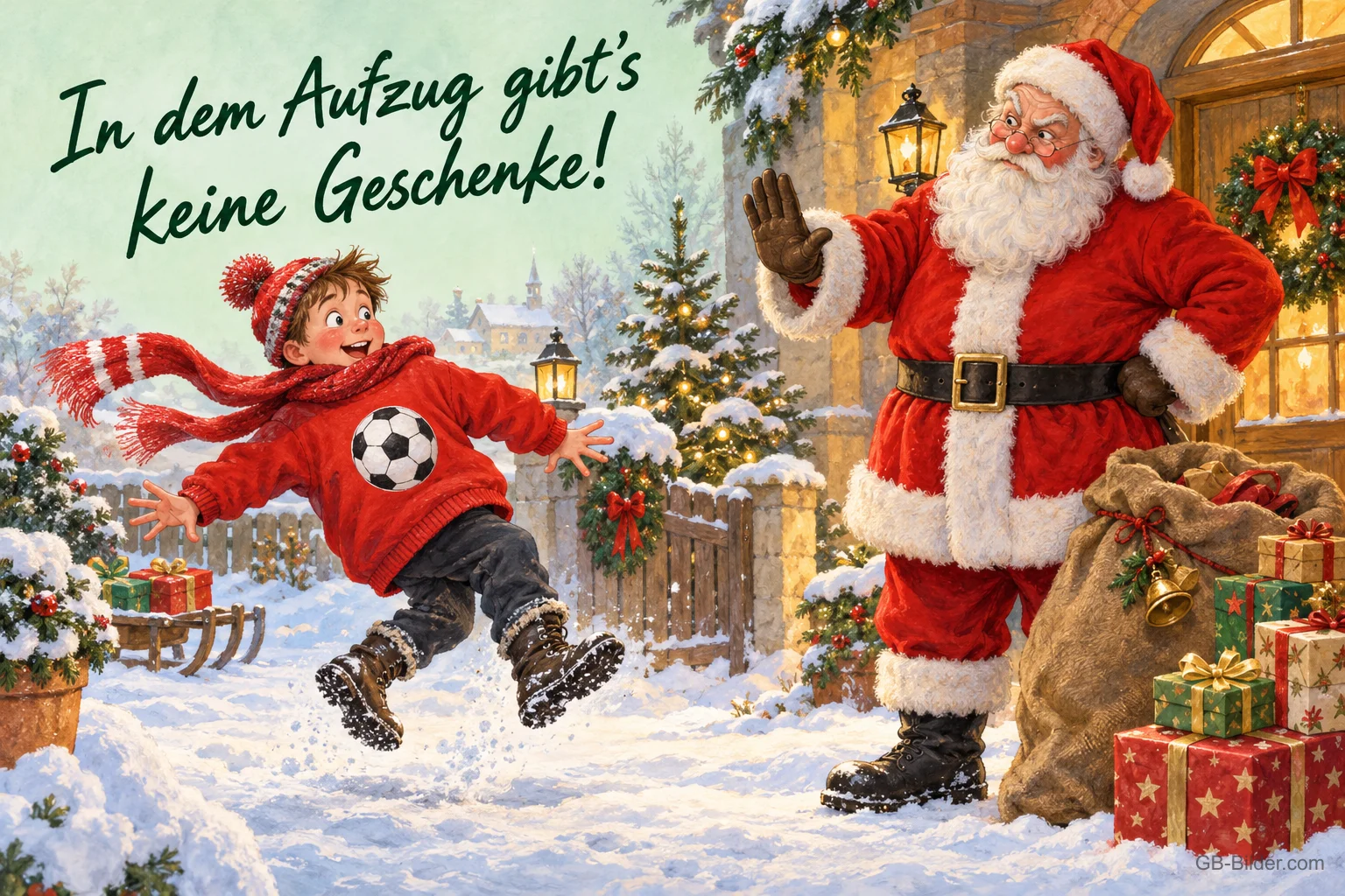 Weihnachtsmann hebt abwehrend die Hand, Junge im Fußballpulli springt heran, Text: In dem Aufzug gibt's keine Geschenke!