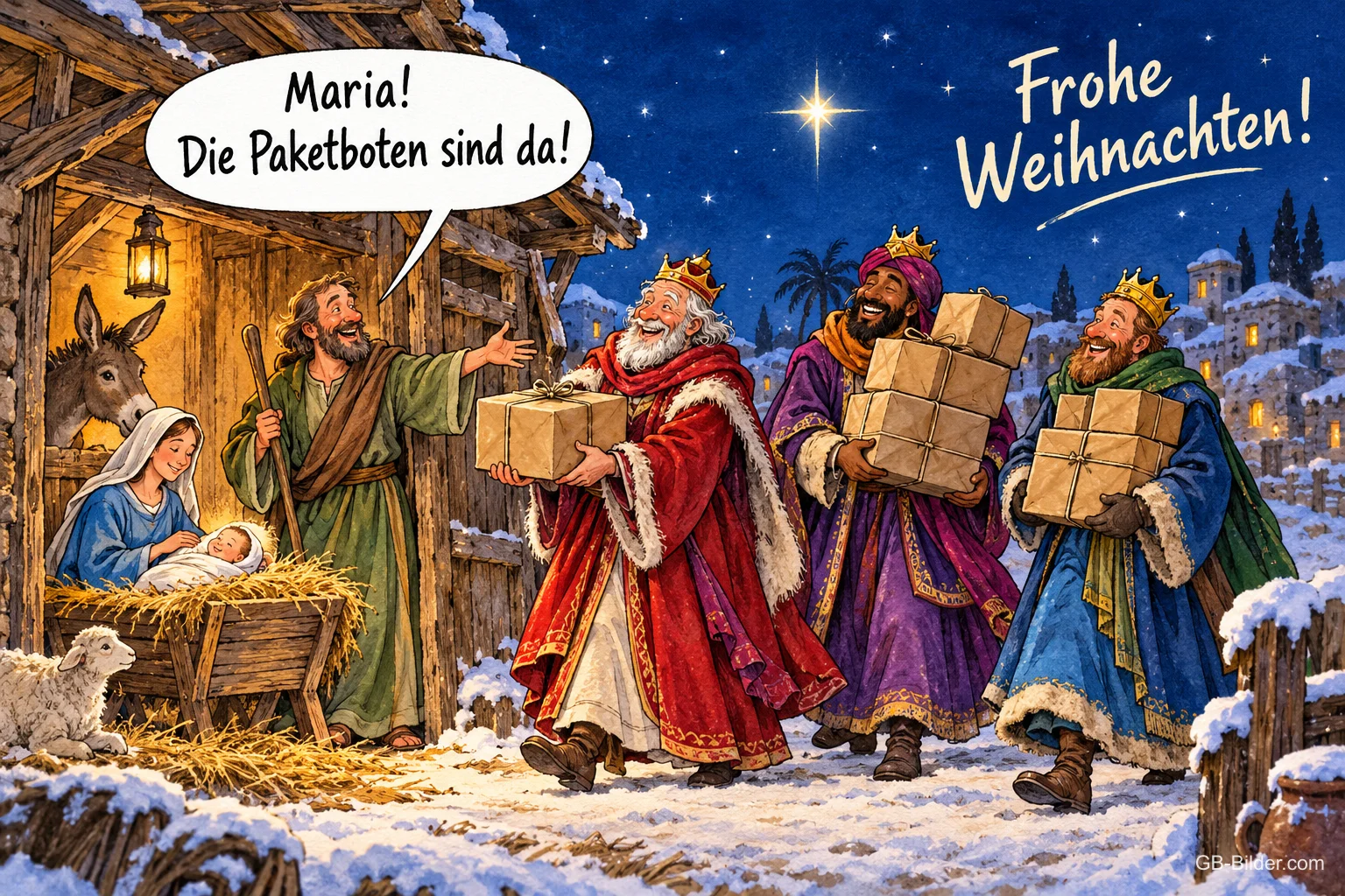 Drei Könige bringen Pakete zum Stall von Bethlehem, Text: Maria! Die Paketboten sind da! – Frohe Weihnachten!