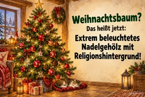 Geschmückter Weihnachtsbaum mit Geschenken in einer Stube, Text: Weihnachtsbaum? – Das heißt jetzt: Extrem beleuchtetes Nadelgehölz mit Religionshintergrund!
