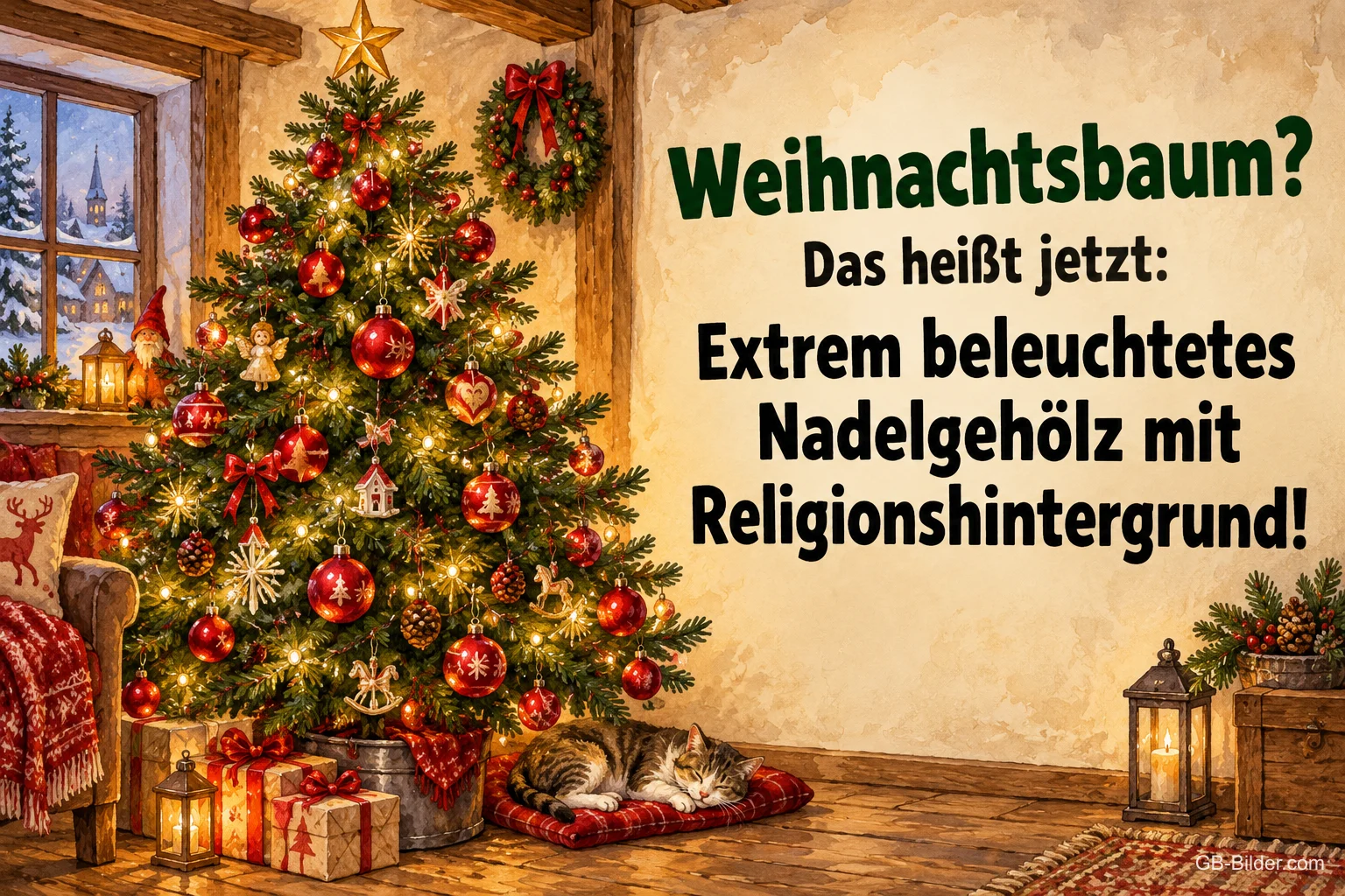 Geschmückter Weihnachtsbaum mit Geschenken in einer Stube, Text: Weihnachtsbaum? – Das heißt jetzt: Extrem beleuchtetes Nadelgehölz mit Religionshintergrund!