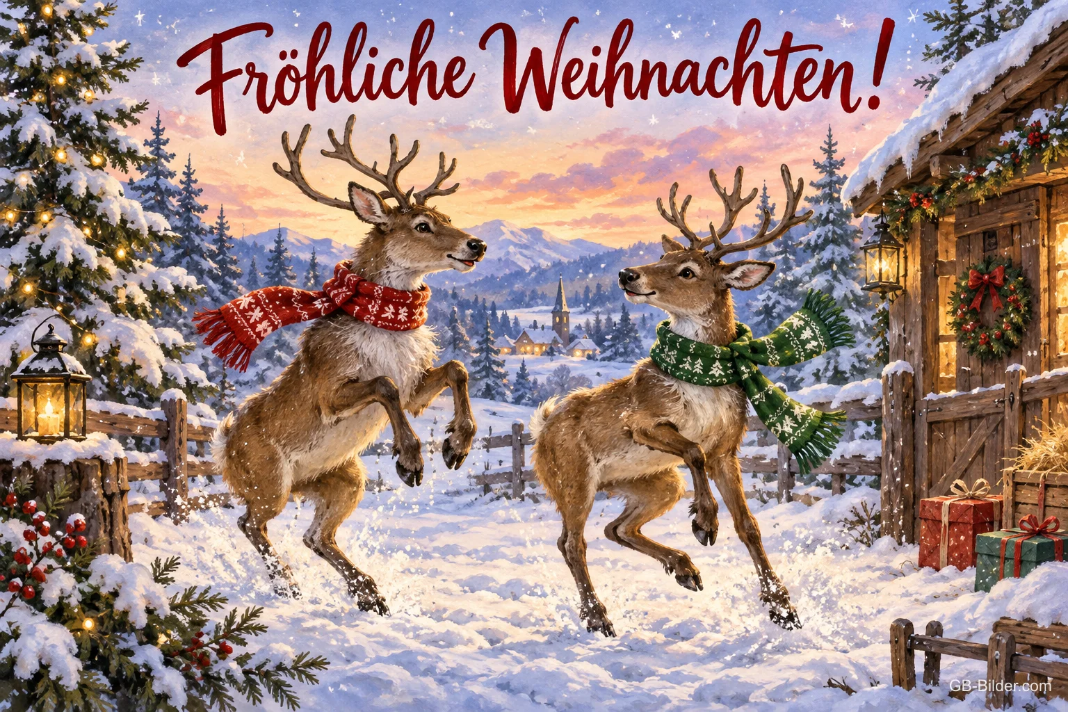 Zwei Rentiere mit Schals springen im Schnee, Text: Fröhliche Weihnachten!