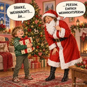 Junge mit Geschenk und Frau im Weihnachtsmannkostüm vor dem Tannenbaum, Text: Danke, Weihnachts… äh … – … Person. Einfach Weihnachtsperson.