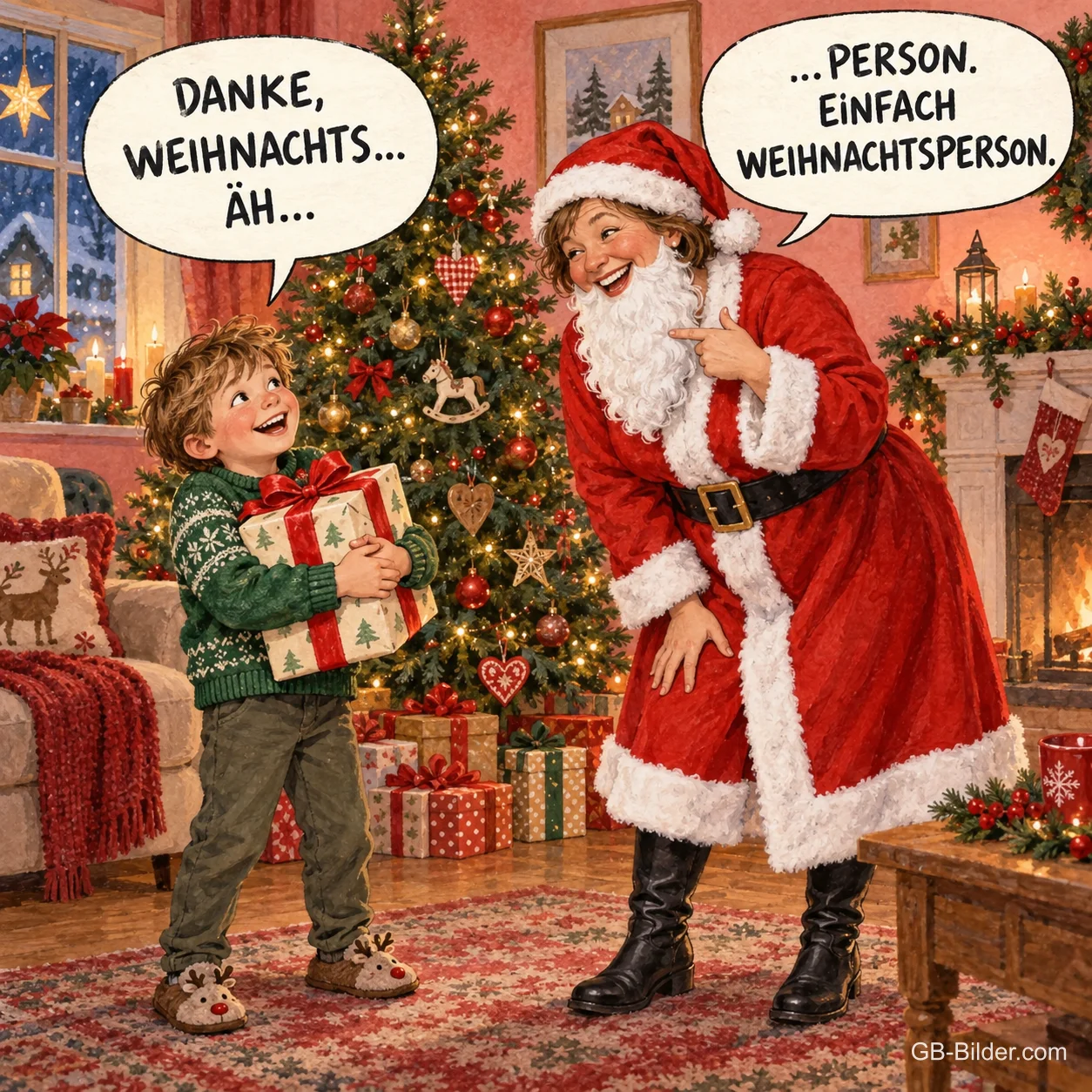 Junge mit Geschenk und Frau im Weihnachtsmannkostüm vor dem Tannenbaum, Text: Danke, Weihnachts… äh … – … Person. Einfach Weihnachtsperson.