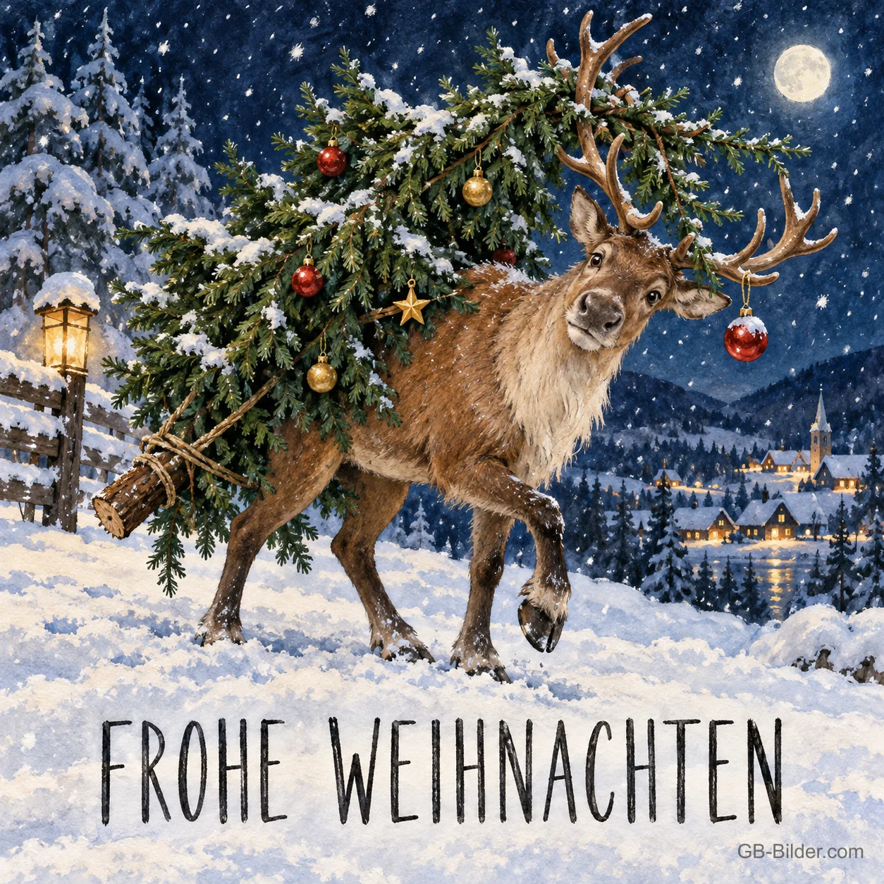 Rentier trägt einen geschmückten Tannenbaum durch den Schnee, Text: FROHE WEIHNACHTEN