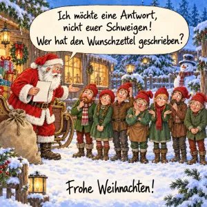 Weihnachtsmann hält einen Zettel vor einer Reihe Wichtel, Text: Ich möchte eine Antwort, nicht euer Schweigen! – Wer hat den Wunschzettel geschrieben? Frohe Weihnachten!