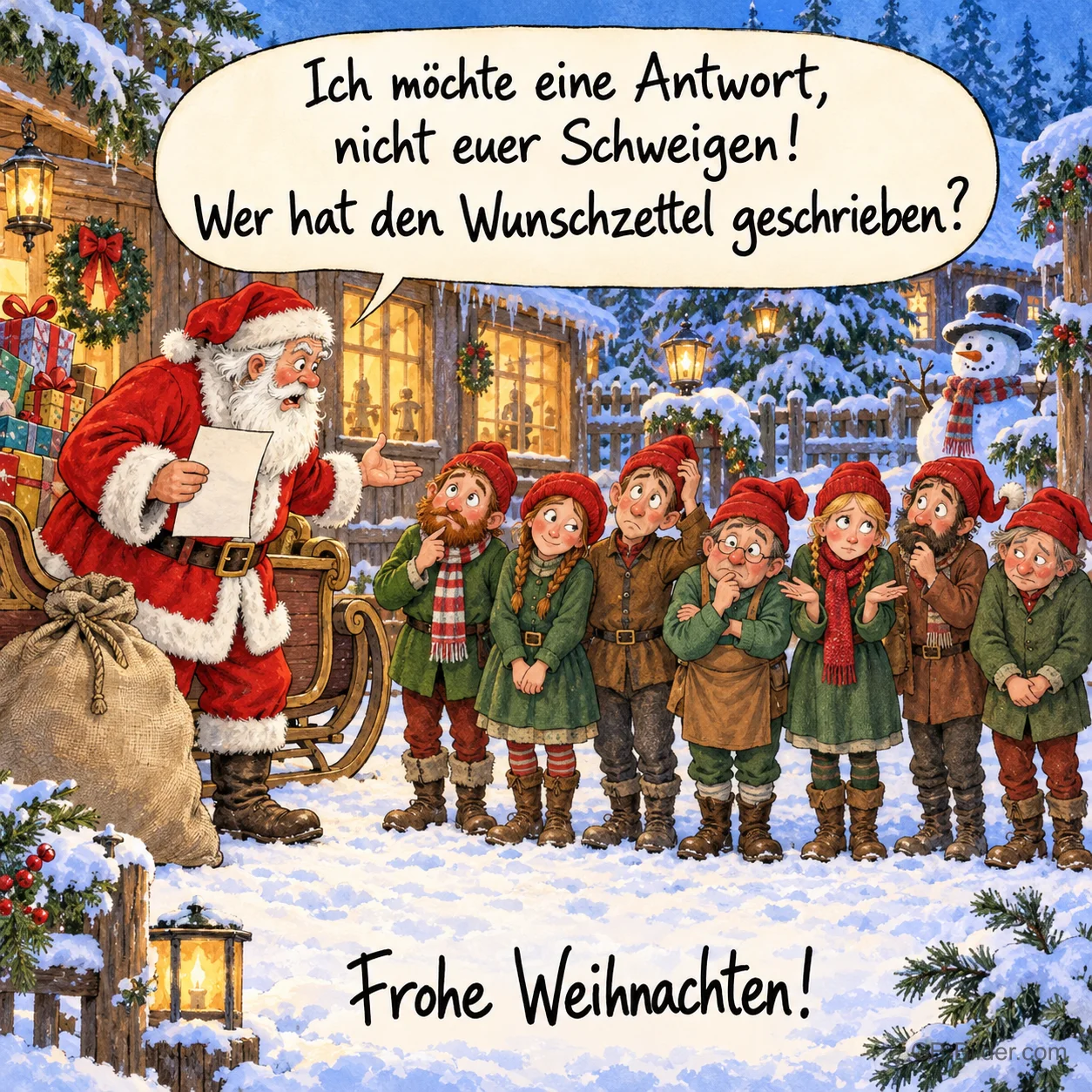 Weihnachtsmann hält einen Zettel vor einer Reihe Wichtel, Text: Ich möchte eine Antwort, nicht euer Schweigen! – Wer hat den Wunschzettel geschrieben? Frohe Weihnachten!
