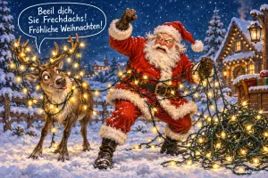 Weihnachtsmann verheddert sich in der Lichterkette, das Rentier schimpft, Text: Beeil dich, Sie Frechdachs! Fröhliche Weihnachten!