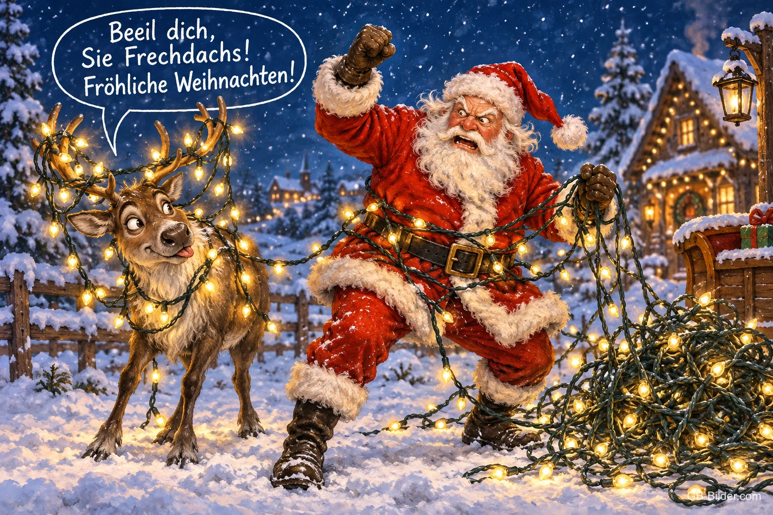 Weihnachtsmann verheddert sich in der Lichterkette, das Rentier schimpft, Text: Beeil dich, Sie Frechdachs! Fröhliche Weihnachten!
