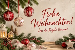 Rote und weiße Christbaumkugeln an Tannenzweigen, Text: Frohe Weihnachten! – Lass die Kugeln tanzen!