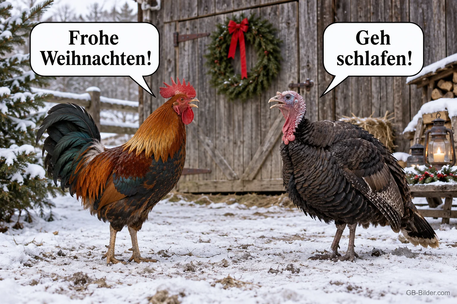 Hahn und Truthahn mit Sprechblasen auf einem verschneiten Hof, Text: Frohe Weihnachten! – Geh schlafen!