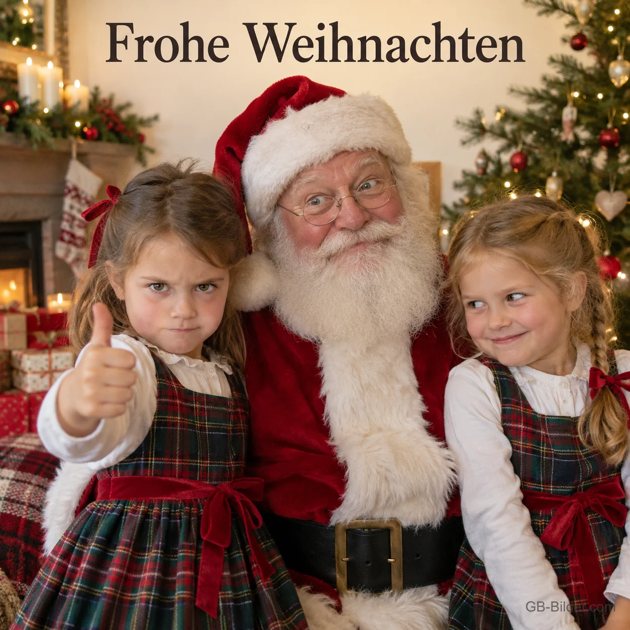 Weihnachtsmann mit zwei Mädchen, eines zeigt grimmig den Daumen hoch, Text: Frohe Weihnachten