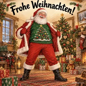 Weihnachtsmann öffnet seinen Mantel und zeigt einen Tannenbaum-Pullover, Text: Frohe Weihnachten!