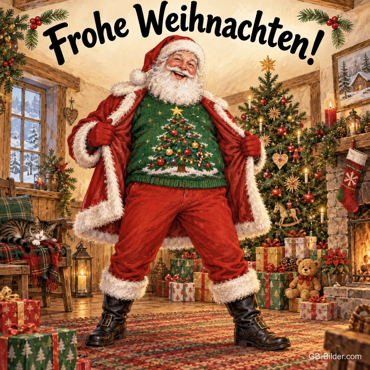 Weihnachtsmann öffnet seinen Mantel und zeigt einen Tannenbaum-Pullover, Text: Frohe Weihnachten!