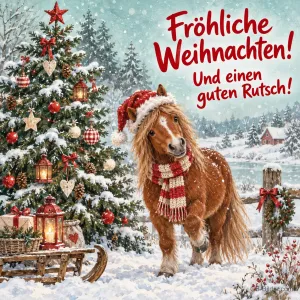 Pony mit Mütze und Schal neben einem Tannenbaum im Schnee, Text: Fröhliche Weihnachten! – Und einen guten Rutsch!
