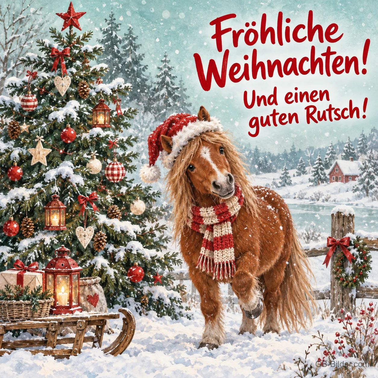 Pony mit Mütze und Schal neben einem Tannenbaum im Schnee, Text: Fröhliche Weihnachten! – Und einen guten Rutsch!