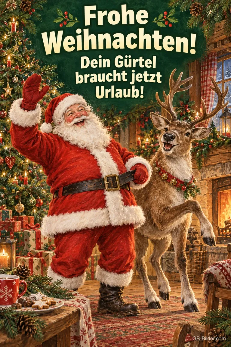 Lachender Weihnachtsmann winkt neben einem tanzenden Rentier, Text: Frohe Weihnachten! – Dein Gürtel braucht jetzt Urlaub!