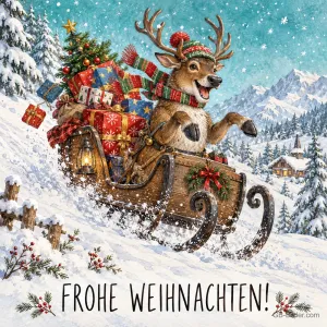 Rentier saust mit Geschenken im Schlitten den Schneehang hinunter, Text: FROHE WEIHNACHTEN!