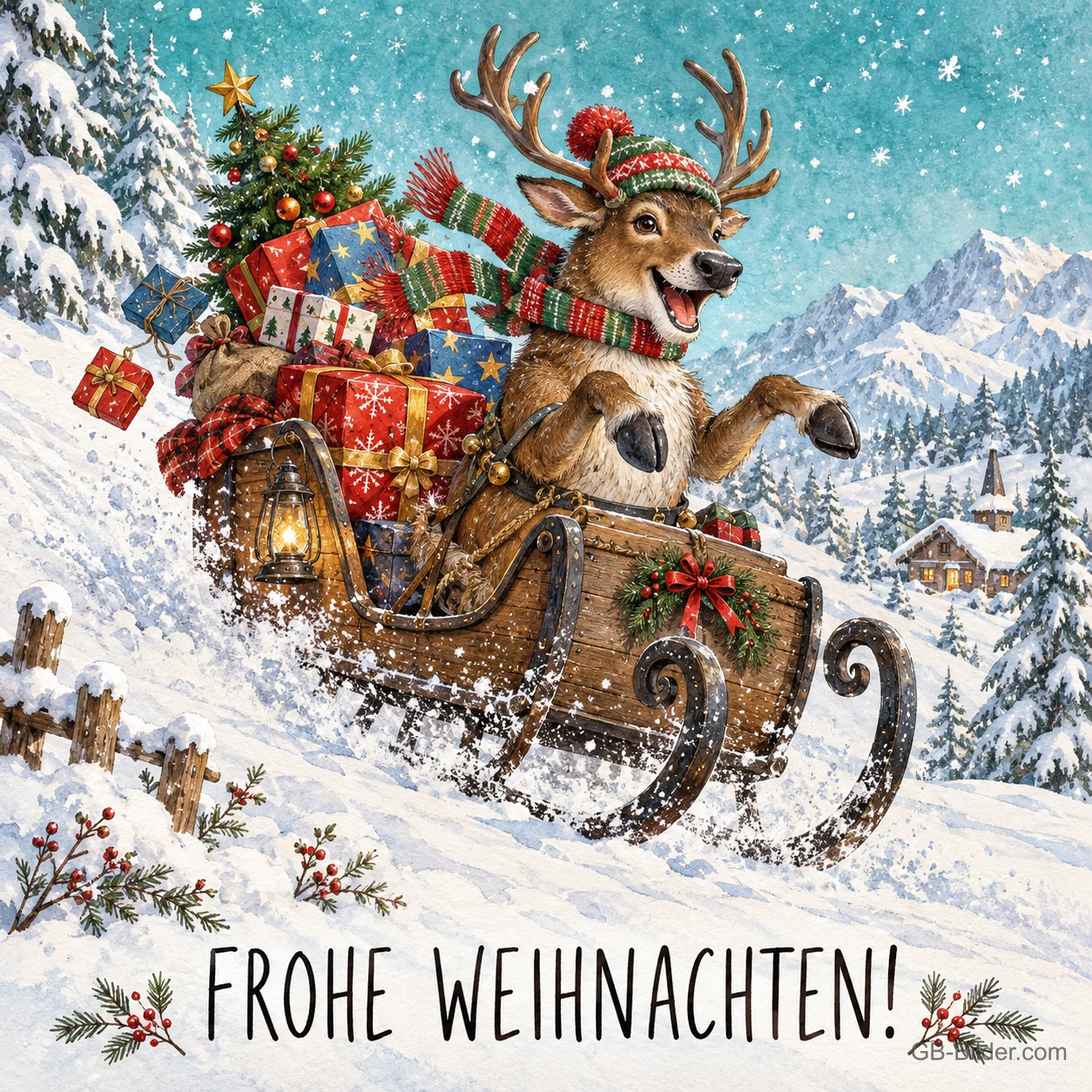 Rentier saust mit Geschenken im Schlitten den Schneehang hinunter, Text: FROHE WEIHNACHTEN! Rentier saust mit Geschenken im Schlitten den Schneehang hinunter, Text: FROHE WEIHNACHTEN!