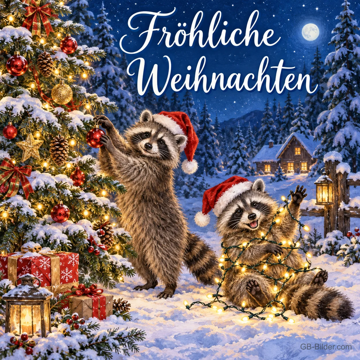 Zwei Waschbären mit Mützen schmücken einen Tannenbaum mit Lichterkette, Text: Fröhliche Weihnachten Zwei Waschbären mit Mützen schmücken einen Tannenbaum mit Lichterkette, Text: Fröhliche Weihnachten