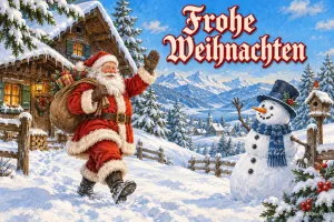 Weihnachtsmann mit Sack winkt einem Schneemann vor einer Berghütte, Text: Frohe Weihnachten