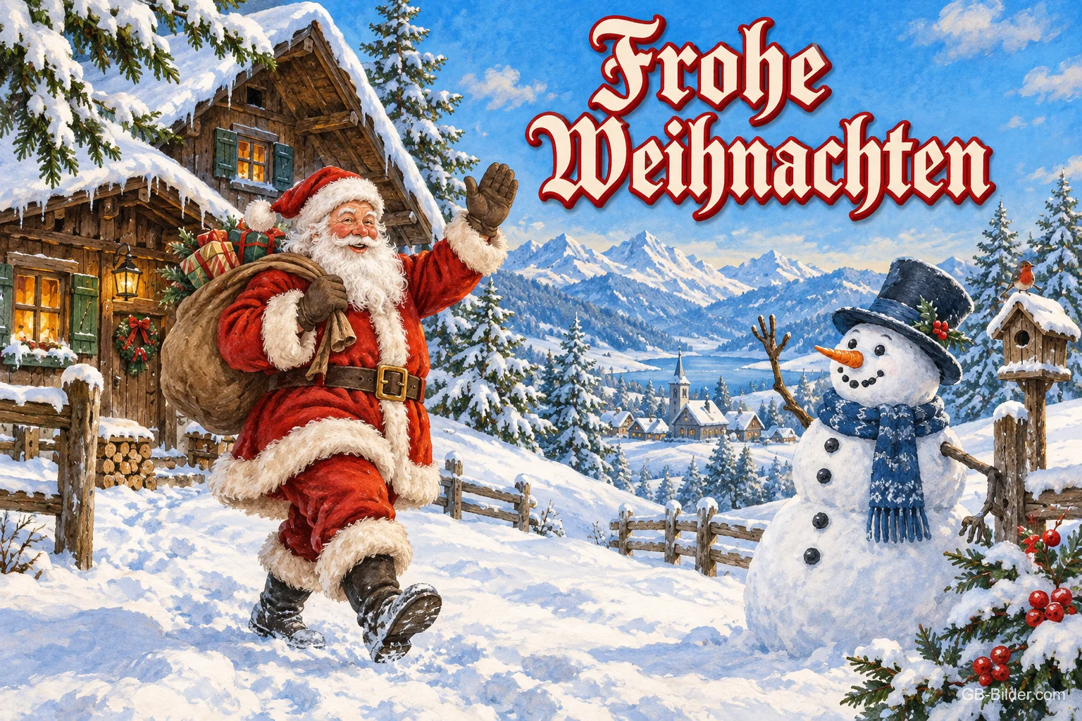 Weihnachtsmann mit Sack winkt einem Schneemann vor einer Berghütte, Text: Frohe Weihnachten Weihnachtsmann mit Sack winkt einem Schneemann vor einer Berghütte, Text: Frohe Weihnachten
