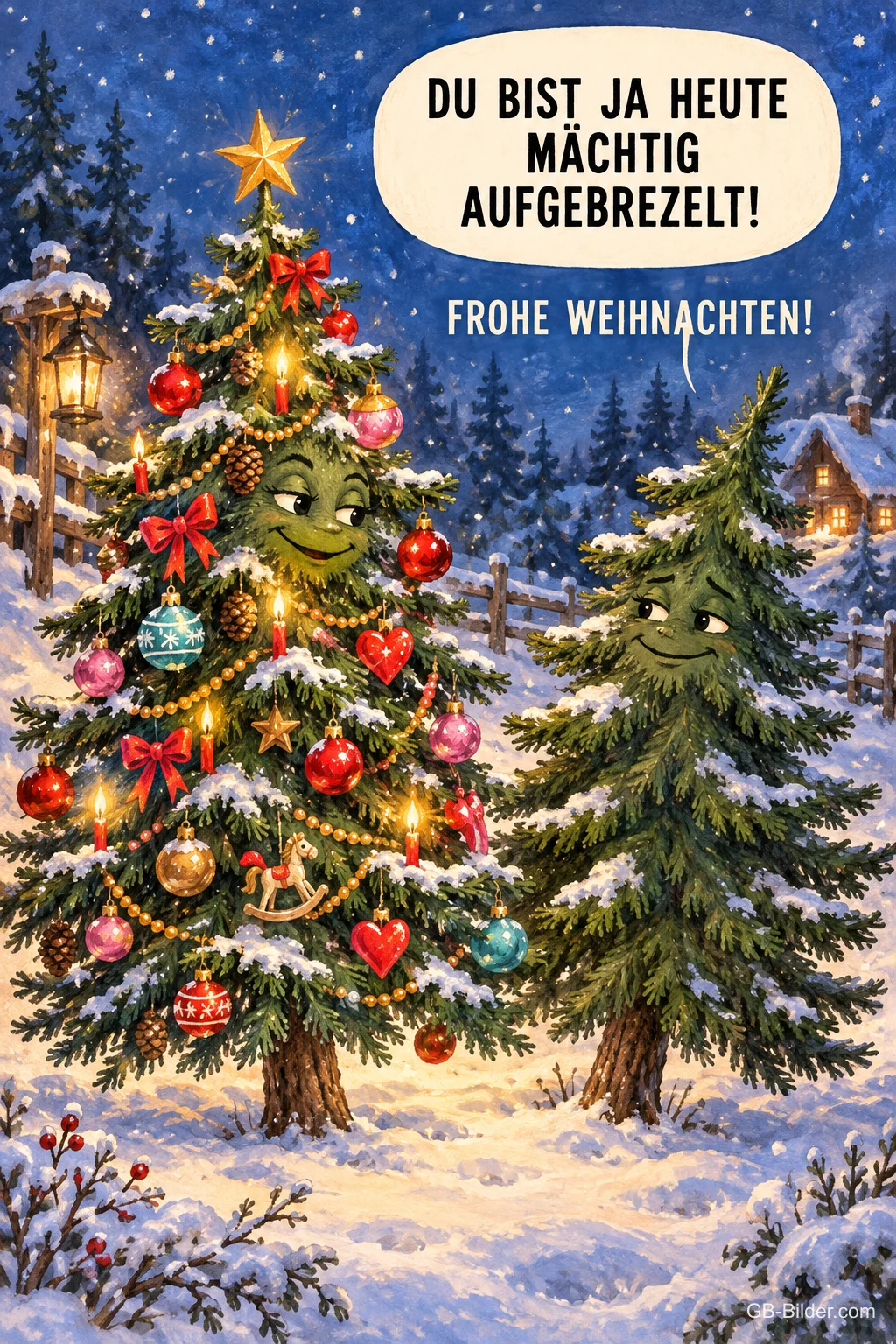 Geschmückter Tannenbaum und schlichter Tannenbaum mit Gesichtern im Schnee, Text: Du bist ja heute mächtig aufgebrezelt! – Frohe Weihnachten! Geschmückter Tannenbaum und schlichter Tannenbaum mit Gesichtern im Schnee, Text: Du bist ja heute mächtig aufgebrezelt! – Frohe Weihnachten!