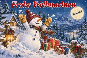 Schneemann mit Mütze und Schal winkt zwischen Geschenken im Winterdorf, Text: Frohe Weihnachten