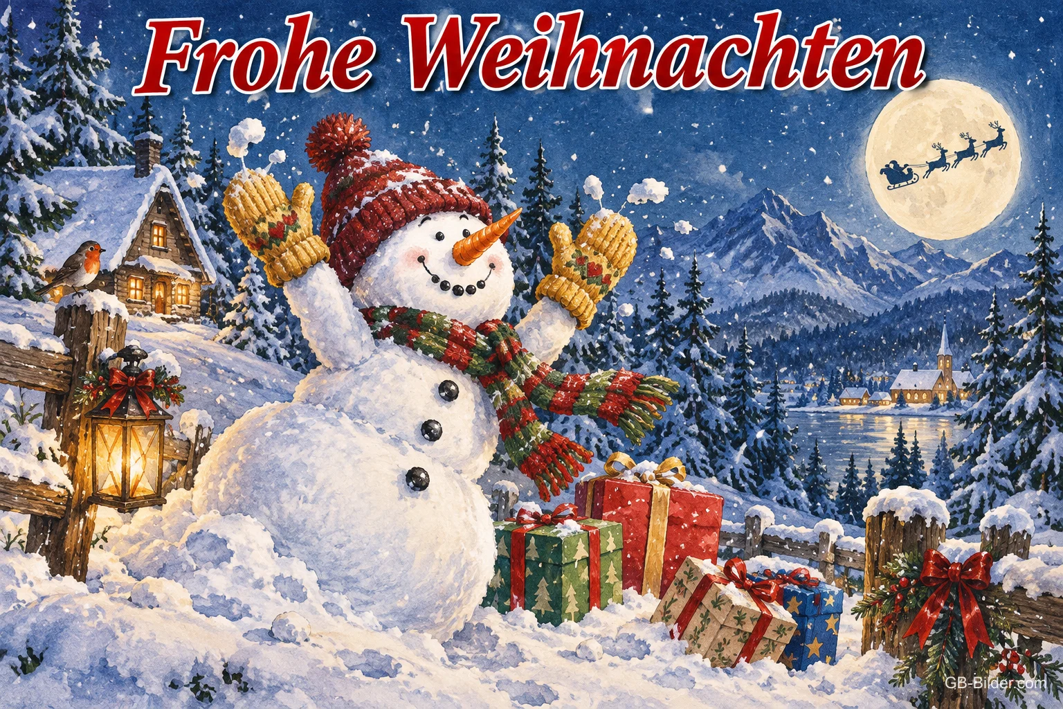 Schneemann mit Mütze und Schal winkt zwischen Geschenken im Winterdorf, Text: Frohe Weihnachten Schneemann mit Mütze und Schal winkt zwischen Geschenken im Winterdorf, Text: Frohe Weihnachten