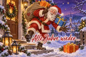 Weihnachtsmann mit Sack eilt eine verschneite Treppe hinunter, Text: Alle Jahre wieder …
