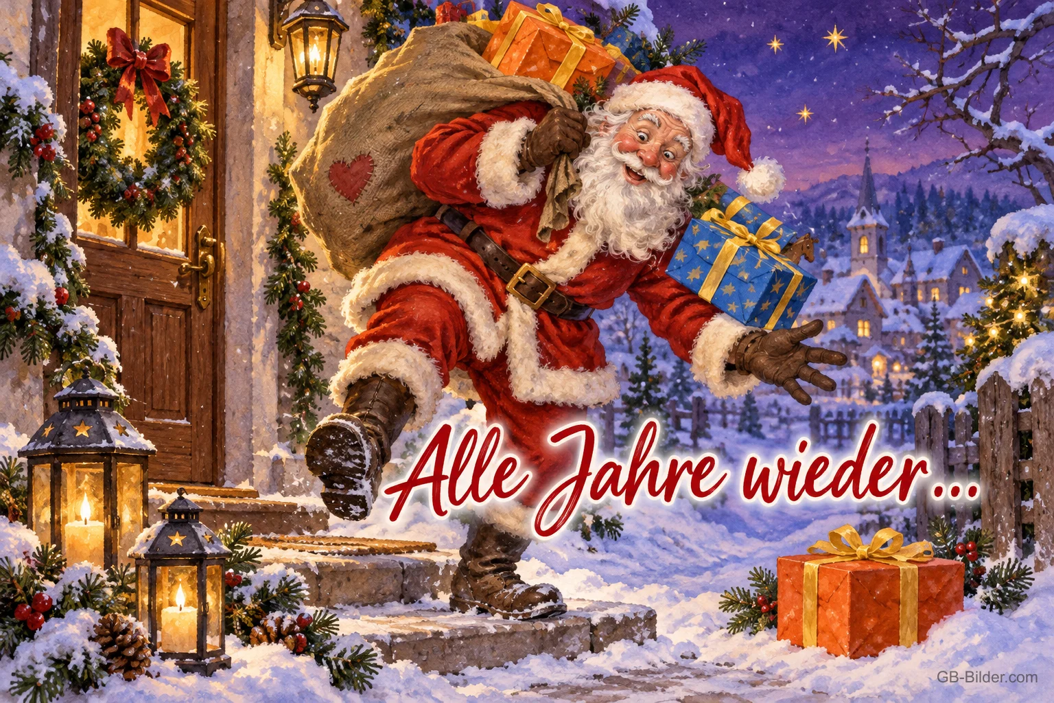 Weihnachtsmann mit Sack eilt eine verschneite Treppe hinunter, Text: Alle Jahre wieder …