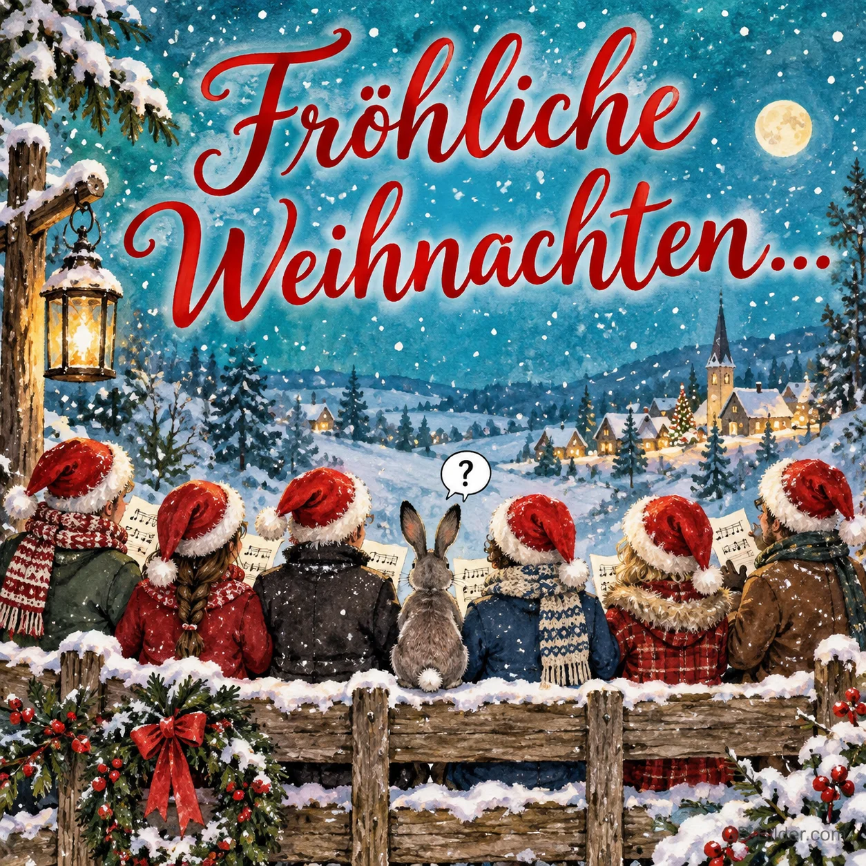 Sänger mit Weihnachtsmützen am Zaun, dazwischen ein Hase mit Fragezeichen, Text: Fröhliche Weihnachten … Sänger mit Weihnachtsmützen am Zaun, dazwischen ein Hase mit Fragezeichen, Text: Fröhliche Weihnachten …