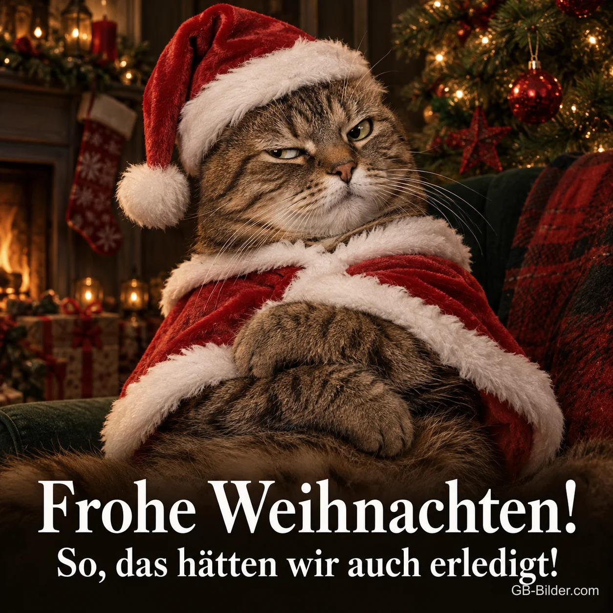 Getigerte Katze im Weihnachtsmantel schaut mürrisch vor dem Kamin, Text: Frohe Weihnachten! – So, das hätten wir auch erledigt! Getigerte Katze im Weihnachtsmantel schaut mürrisch vor dem Kamin, Text: Frohe Weihnachten! – So, das hätten wir auch erledigt!