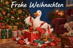 Weiße Ente packt Geschenke unter dem Weihnachtsbaum aus, Text: Frohe Weihnachten